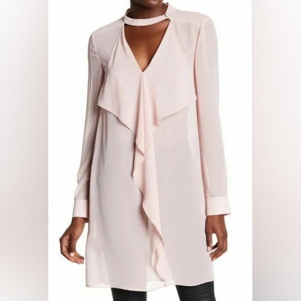 BCBGMAXAZRIA Shailene Ruffle Tunic Choker Neck Mini Dress Blush Pink XXS